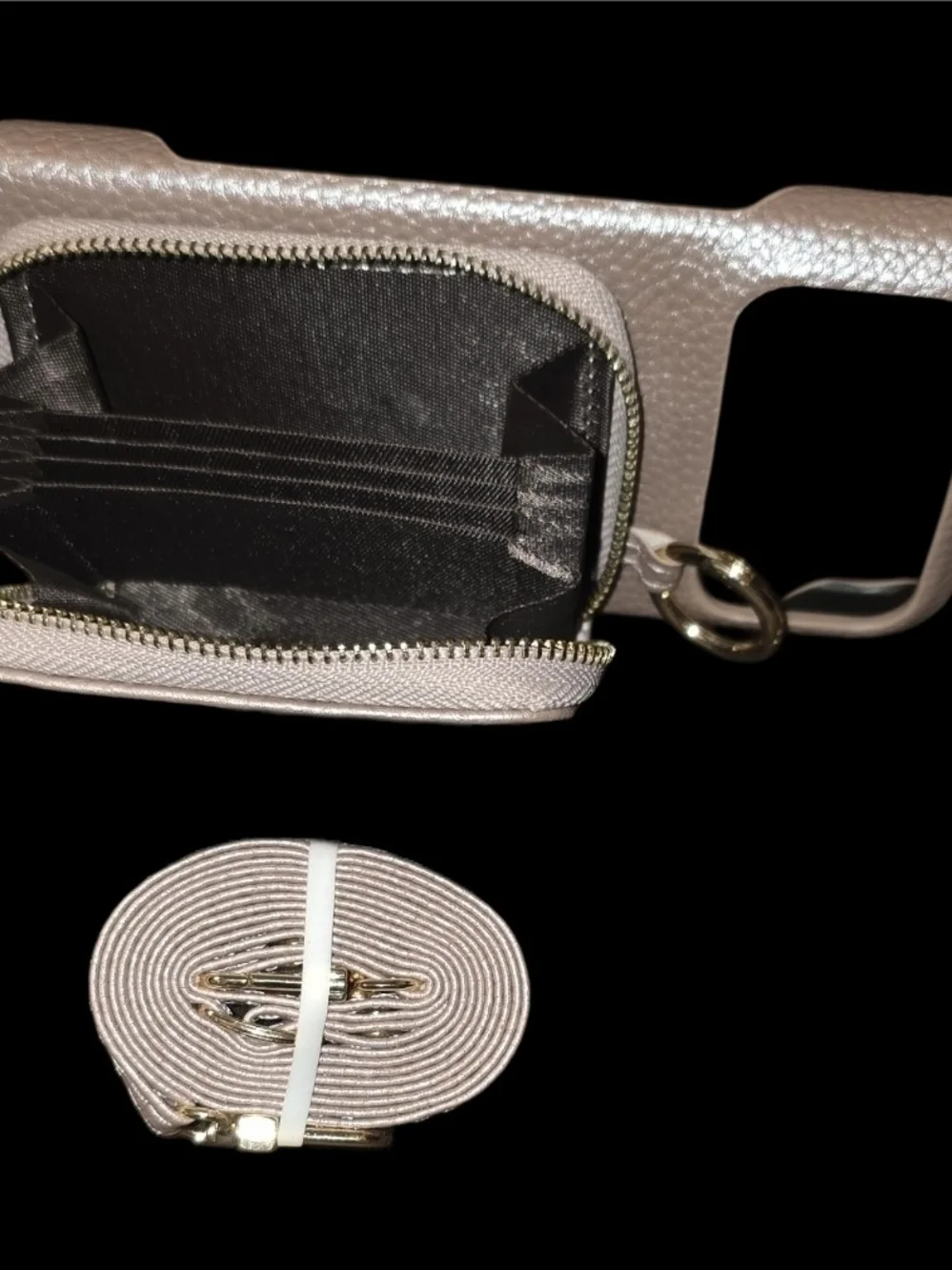 iPhone 17 Pro Max Crossbody Wallet Case - Metallic Rose Gold Zipper Purse